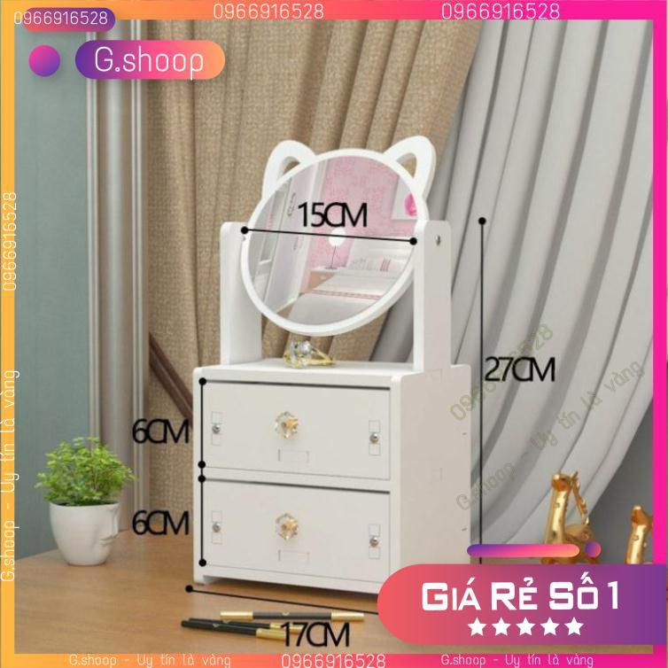 Bàn trang điểm mini bằng gỗ kèm gương tai mèo 2 tầng có ngăn kéo