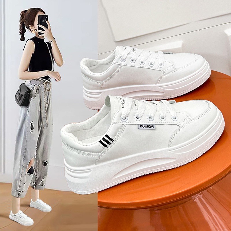 Giày thể thao nữ đế độn basic cao 3cm êm chân đi học đi làm đi chơi đơn giản màu trắng sneaker D408