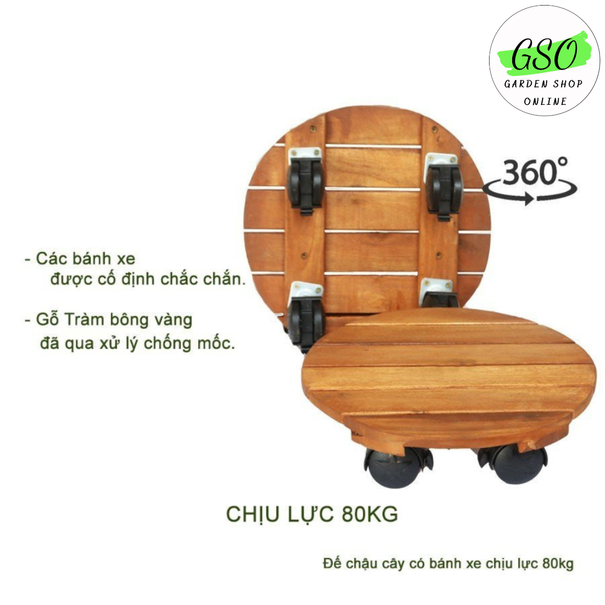 Đế gỗ lót chậu cây có bánh xe chịu lực 80kg