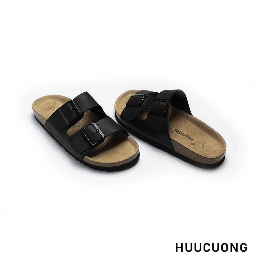 Dép unisex HuuCuong 2 khóa da bò đen đế trấu handmade