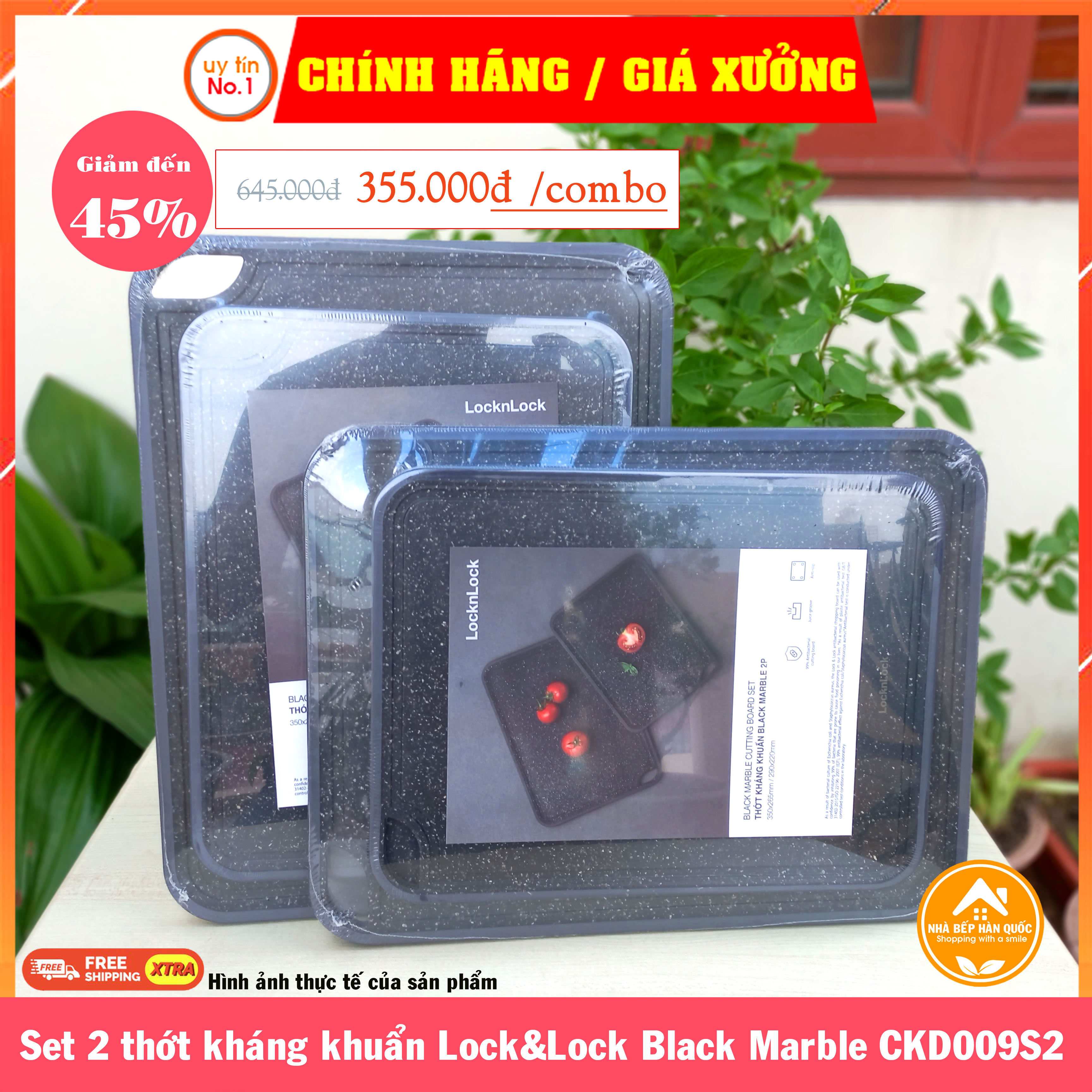 Combo thớt kháng khuẩn Lock&amp;Lock Black Marble CKD009S2 màu đen