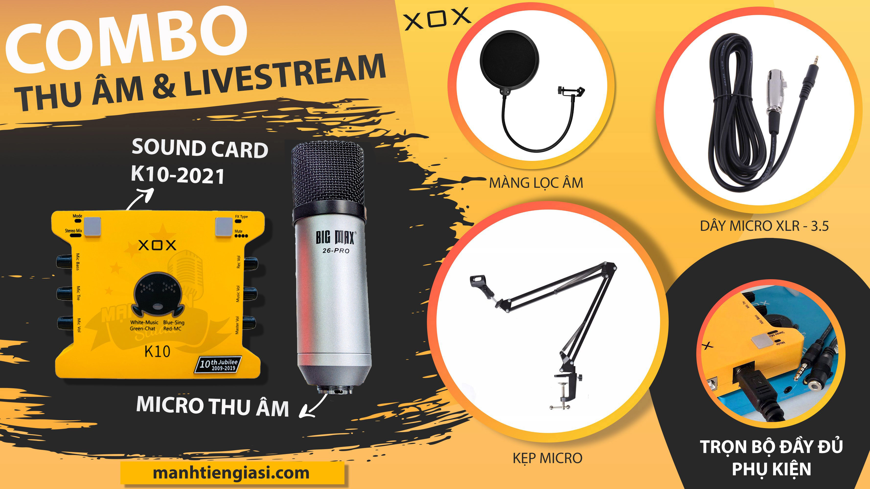 Bộ Combo livestream Max 26 Pro + Sound card XOX K10 jubilee - Kèm full phụ kiện kẹp micro, màng lọc, tai nghe chụp tai - Thu âm, livestream, karaoke online chuyên nghiệp trên cả điện thoại lẫn máy tính - Hàng chính hãng