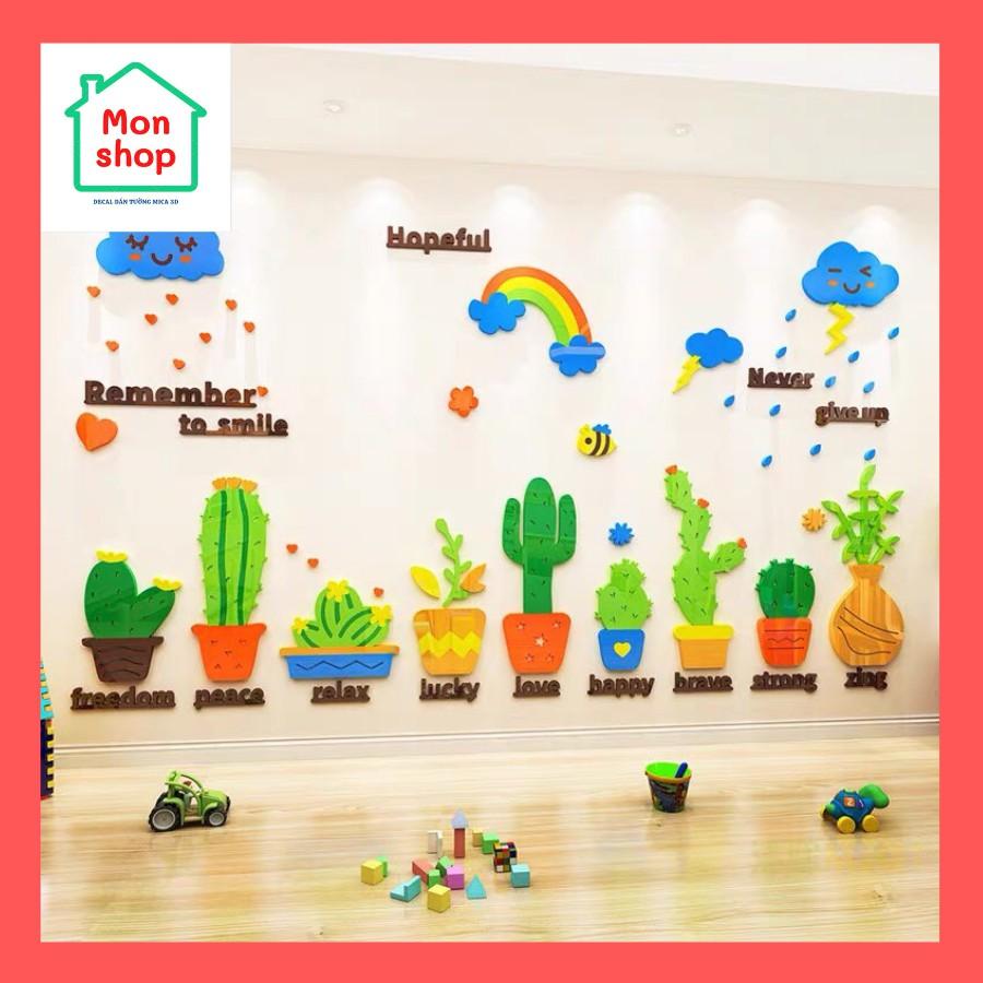 Tranh dán tường mica 3D chậu cây xương rồng trang trí chân tường, decal mica làm nổi bật phòng khách, cửa hàng, lớp học
