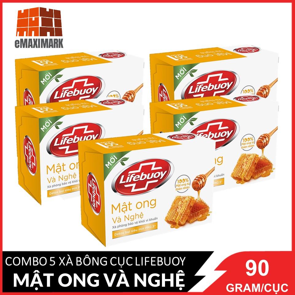 COMBO 5 Xà bông cục Lifebuoy Bảo vệ khỏi vi khuẩn Mật Ong và Nghệ 90g X5