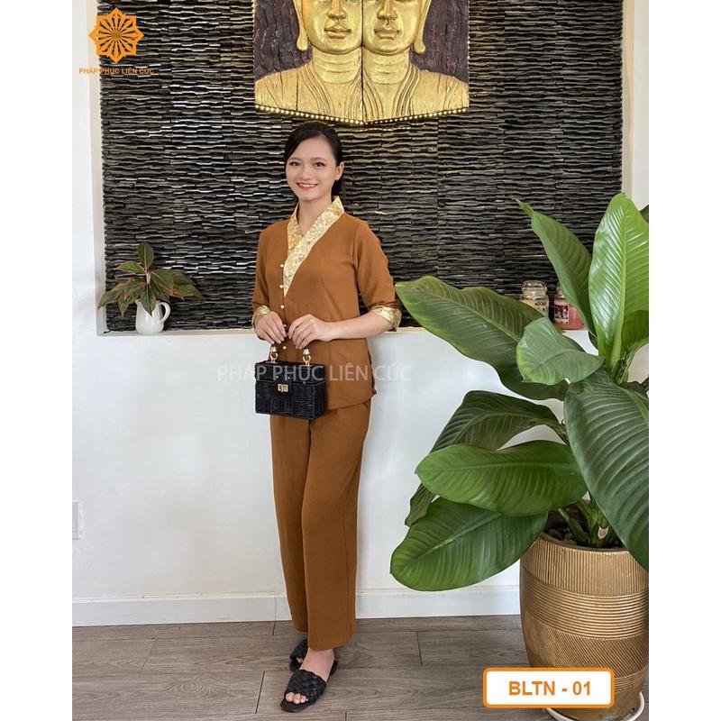 Đồ lam đi chùa nữ - Pháp phục mẫu Bà Lai nút ngọc phối gấm cao cấp, bền màu không nhăn xưởng may Liên Cúc