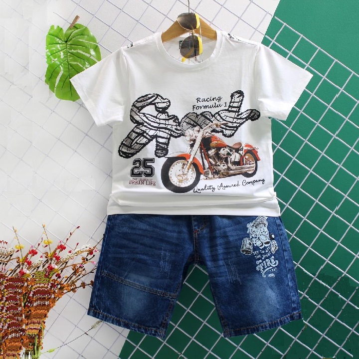 K7018 Đồ bộ áo thun và quần jean lửng cho bé trai từ 28-40kg