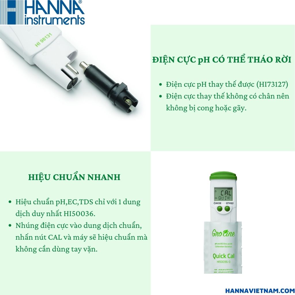 Máy Đo Dinh Dưỡng Combo pH/EC /TDS /Nhiệt Độ, Dòng GROLINE Chuyên Trong Thủy Canh, Dạng Bút Đo Bỏ Túi - HANNA - HI98131 - Tặng Kèm Gói Dung Dịch Hiệu Chuẩn Máy