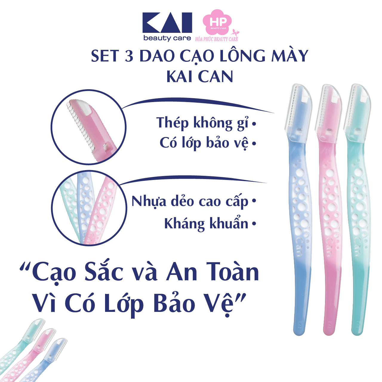 Dao Cạo Lông Mày Lưỡi Thép Có Màng Bảo Vệ Kai Razor Can Eyebrow 17827 CBM-3P Dành Cho Nữ (Set 3 Cây)