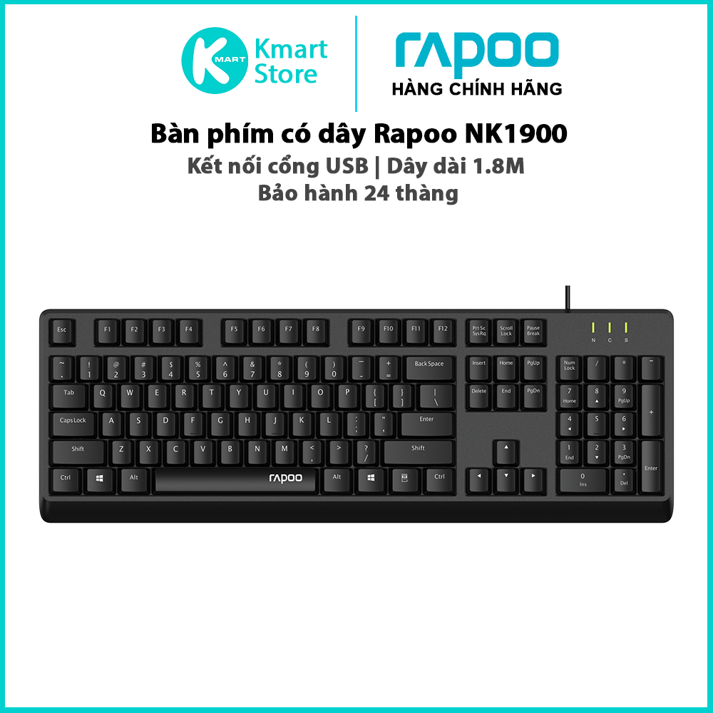 Bàn phím có dây Rapoo NK1800 / NK1900 / NK2500 | Kết nối cổng USB | Dây dài 1.8M | Bảo hành 24 tháng - Hàng Chính Hãng