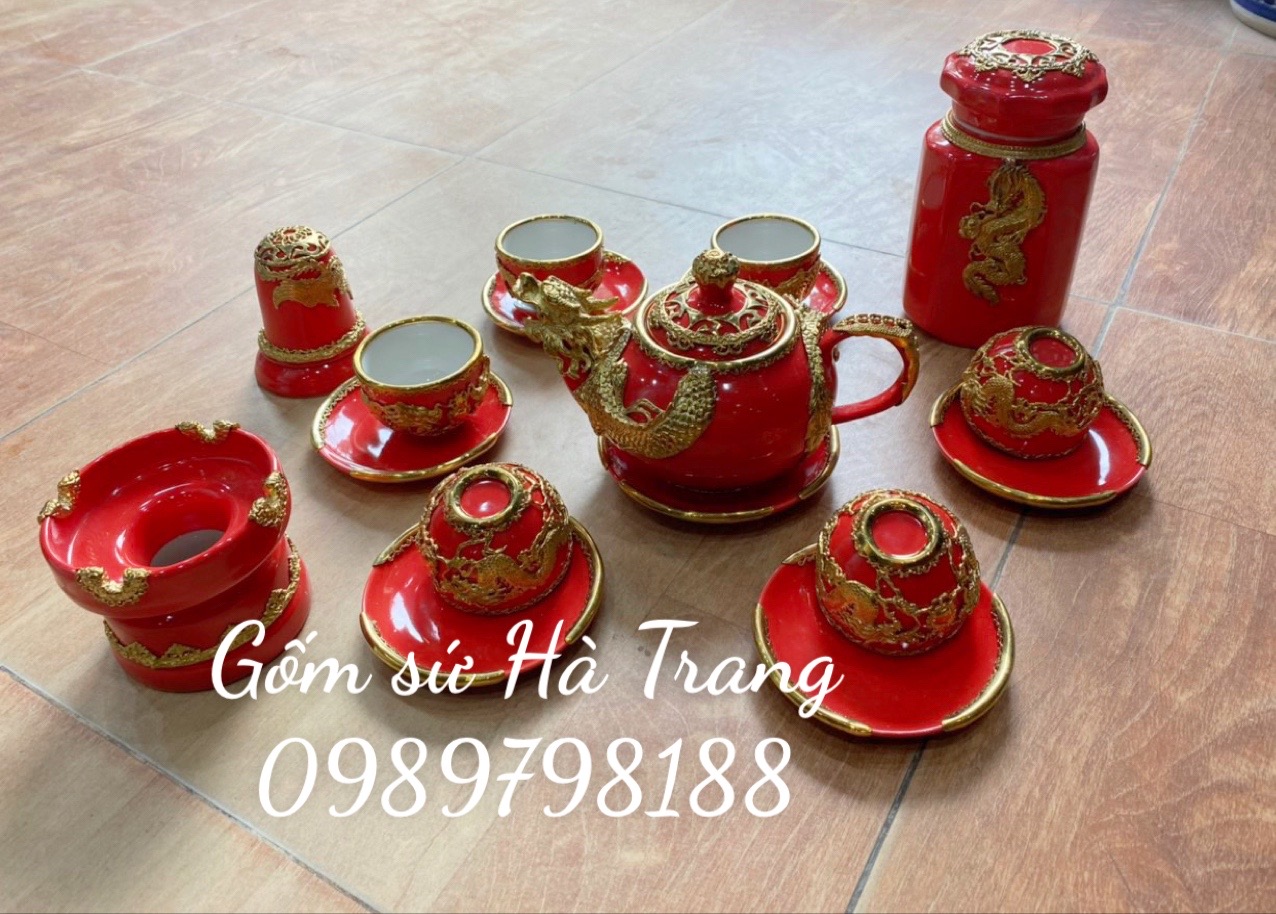 Bộ ấm chén gốm sứ Bát Tràng cao cấp men đỏ bọc đồng hoạ tiết rồng