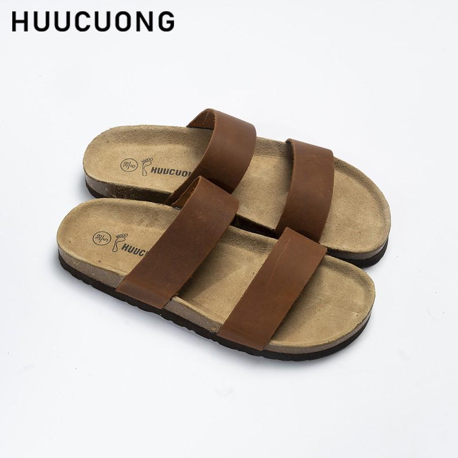 Dép unisex HuuCuong 2 quai da bò nâu đế trấu handmade