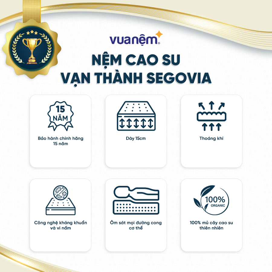 Nệm cao su cao cấp Vạn Thành Segovia  sở hữu công nghệ kháng khuẩn hiện đại, cách ly chuyển động tốt, thoáng khí