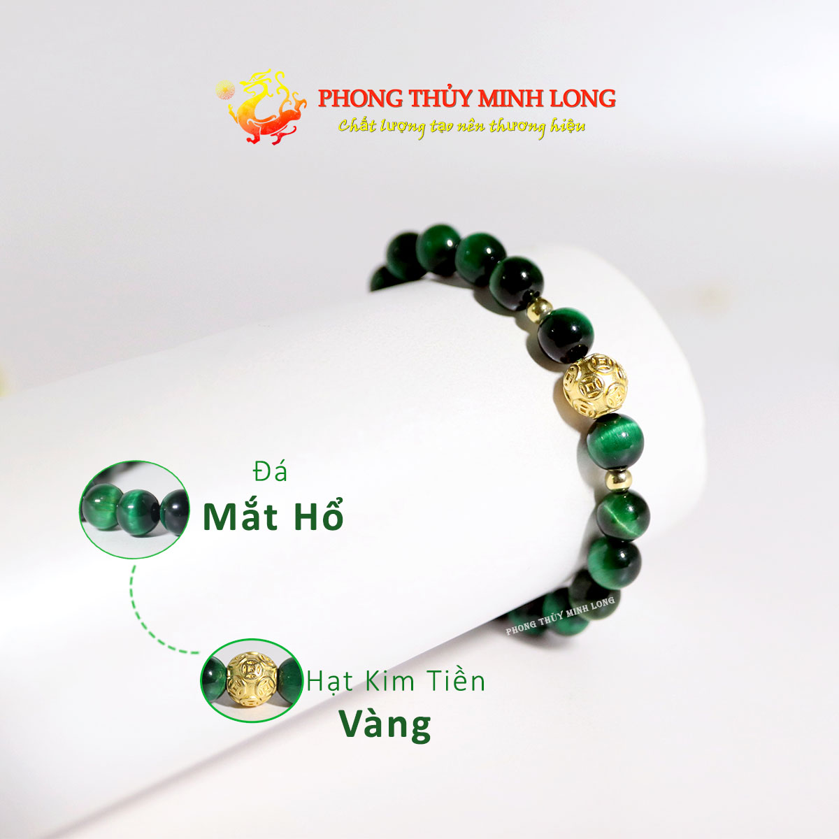 Vòng tay đá mắt hổ xanh lá mix hạt kim tiền vàng