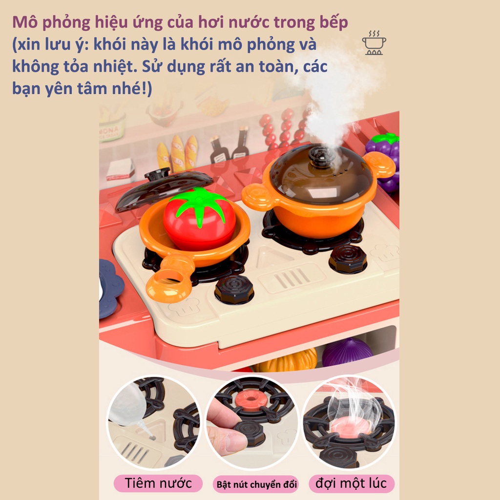 Bộ đồ chơi nhà bếp 43 chiếc Bếp mô phỏng 75CM với Hiệu ứng hơi nước mô phỏng thực tế và Âm thanh phát sáng trong nhà bếp