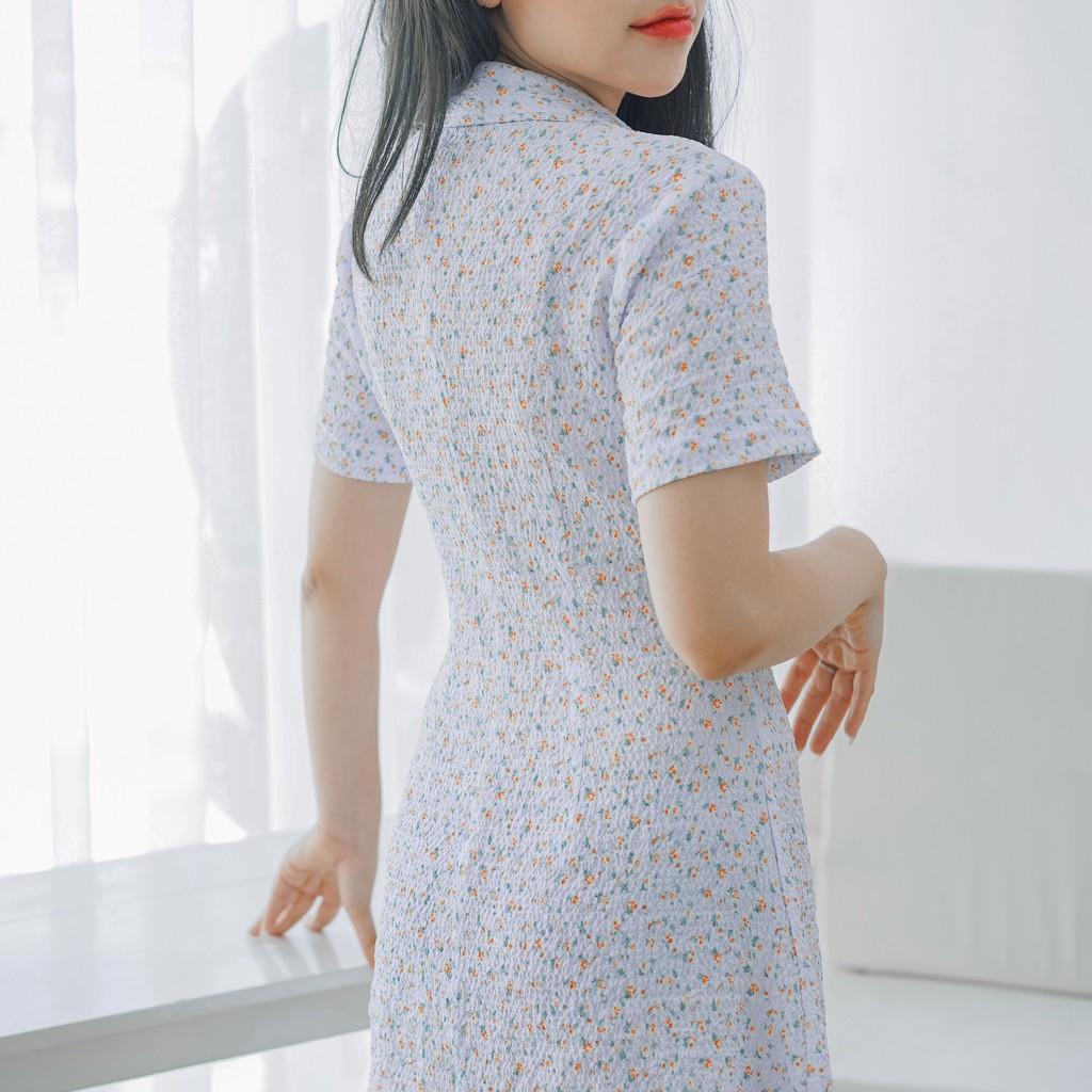 Váy sơ mi nữ cài khuy tay ngắn thắt eo dáng xòe hoa nhí màu baby blue chất thô xốp mềm mát