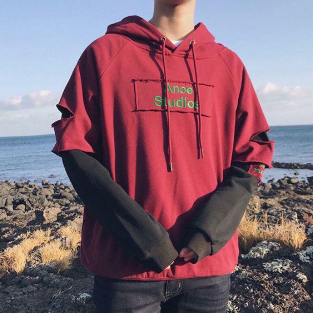 Áo hoodie áo khoác áo chui đầu phối tay rách