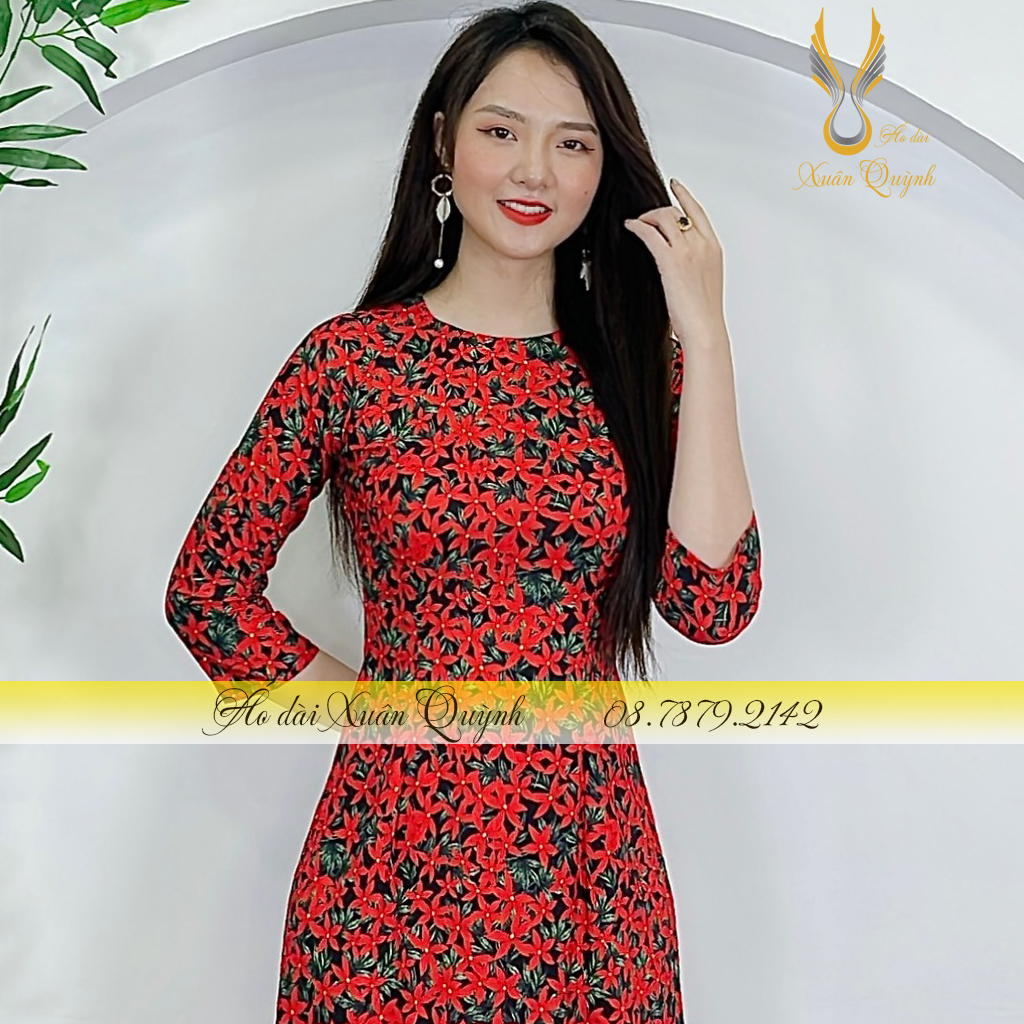 Áo Dài Hoạ Tiết Hoa Nhí Đỏ Đẹp Nên Thơ, Dịu Dàng, Thanh Lịch Lụa Habutai Cao Cấp K77