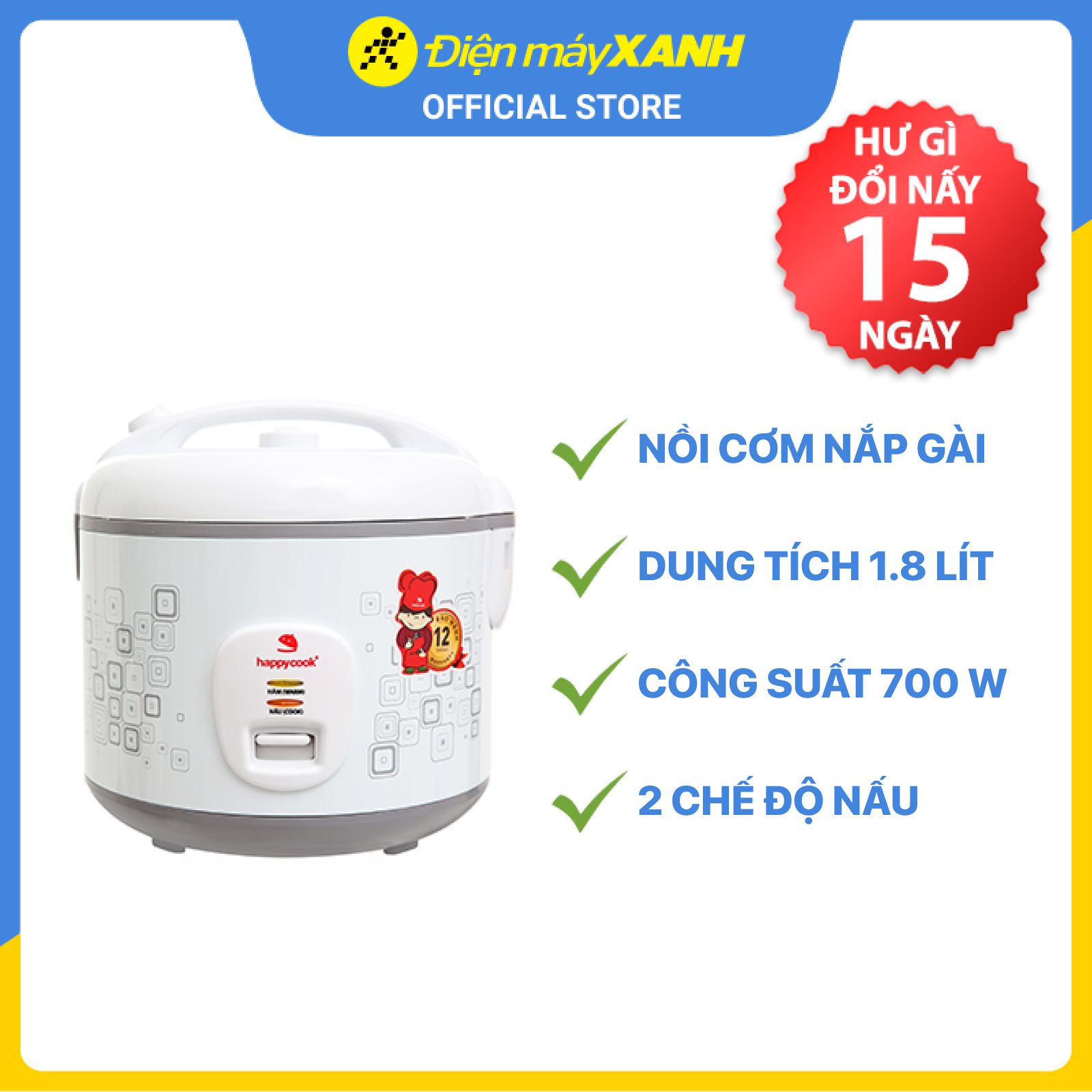 Nồi Cơm Điện Nắp Gài Happy Cook HCJ-1822 (1.8L) - Hàng chính hãng