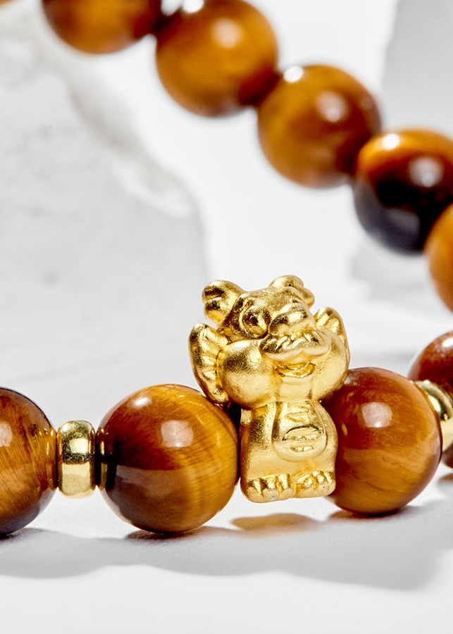 Vòng Tay Phong Thủy Đá Mắt Hổ Vàng Nâu Phối Charm Tuổi Thìn Bạc Mạ Vàng 24K Mệnh Thổ, Kim Ngọc Quý Gemstones