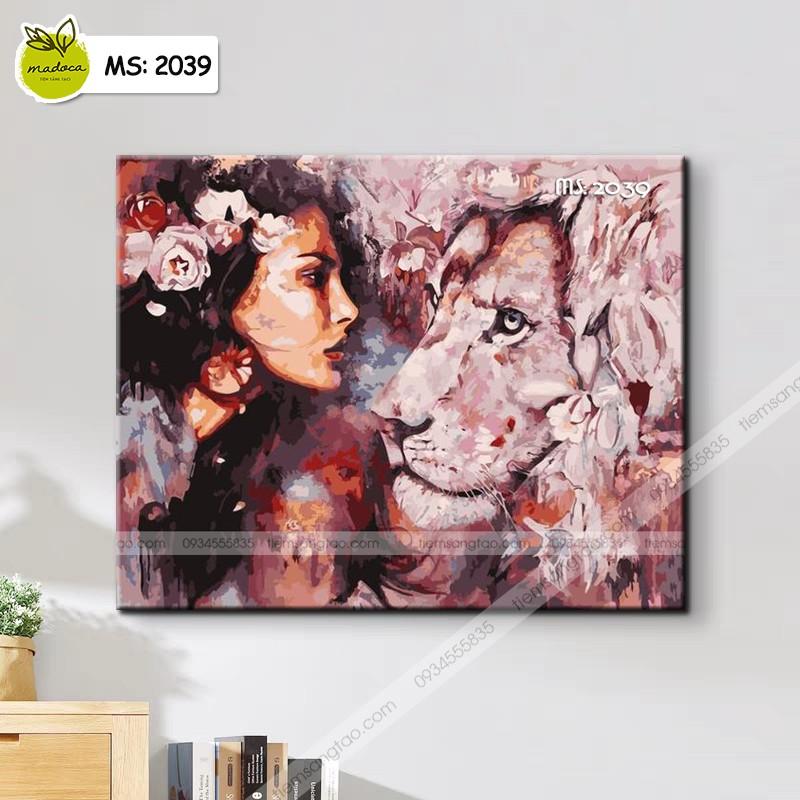 Tranh tô màu 40x50cm có khung chân dung cô gái bên sư tử t2039