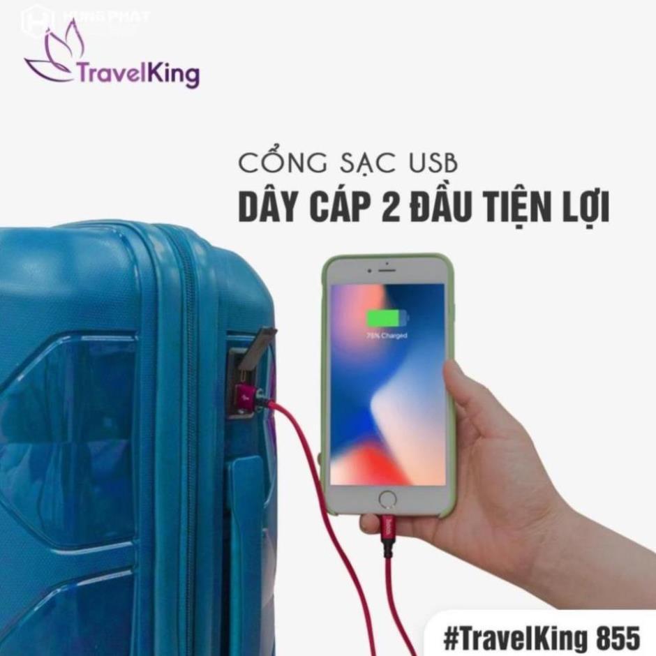 Vali kéo nhựa PP chống vỡ có cổng USB TRAVELKING-855 Premium kích thước 20, 24 inch chính hãng Hùng Phát - Vỡ đổi mới