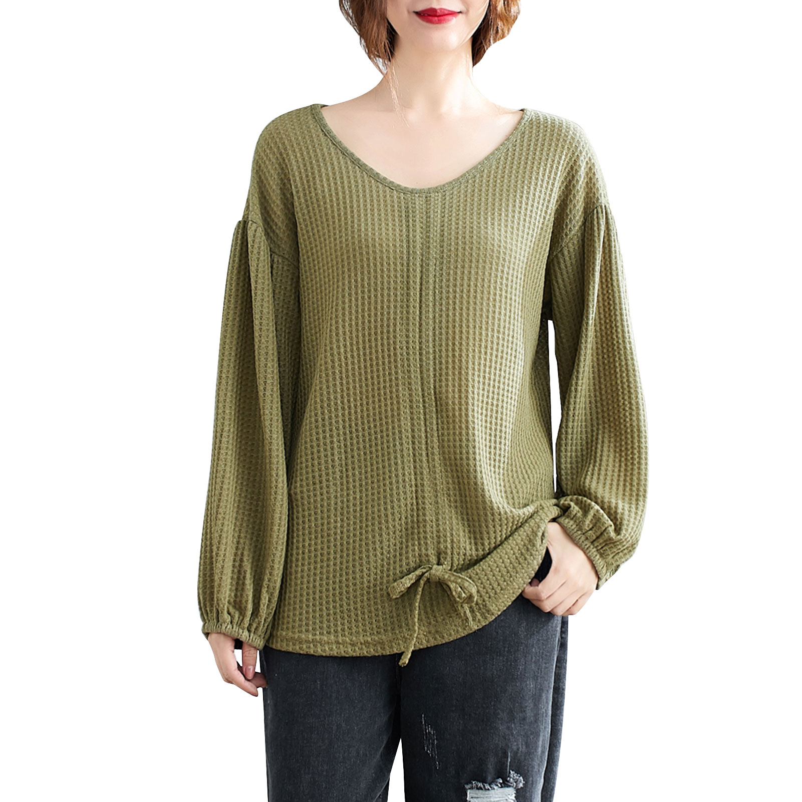 Women Knitted Shirt Drawstring Front V-Neck Lantern Sleeve Pullover Loose Fit Casual Solid Spring Autumn Tops