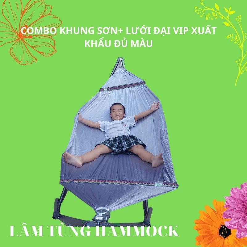 Combo khung võng xếp+lưới võng, khung sơn tĩnh điện màu đen, ống lớn phi 32 , Lưới võng đại vip xuất khẩu cán thép 60cm