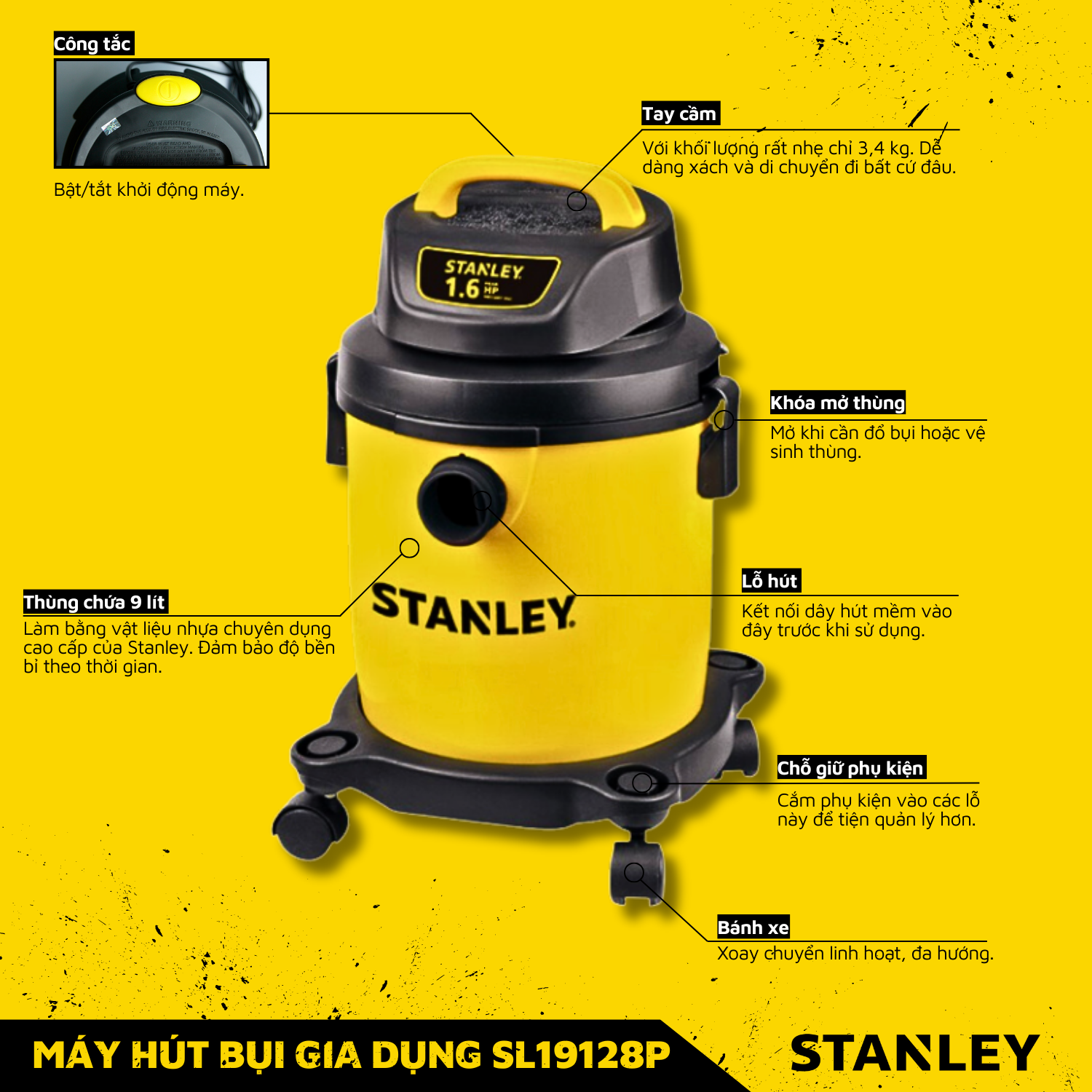 Máy Hút Bụi Gia Đình Stanley SL19128P - 9L - 1.6 peak HP - Hút Bụi Khô &amp; Ướt - Hàng Chính Hãng