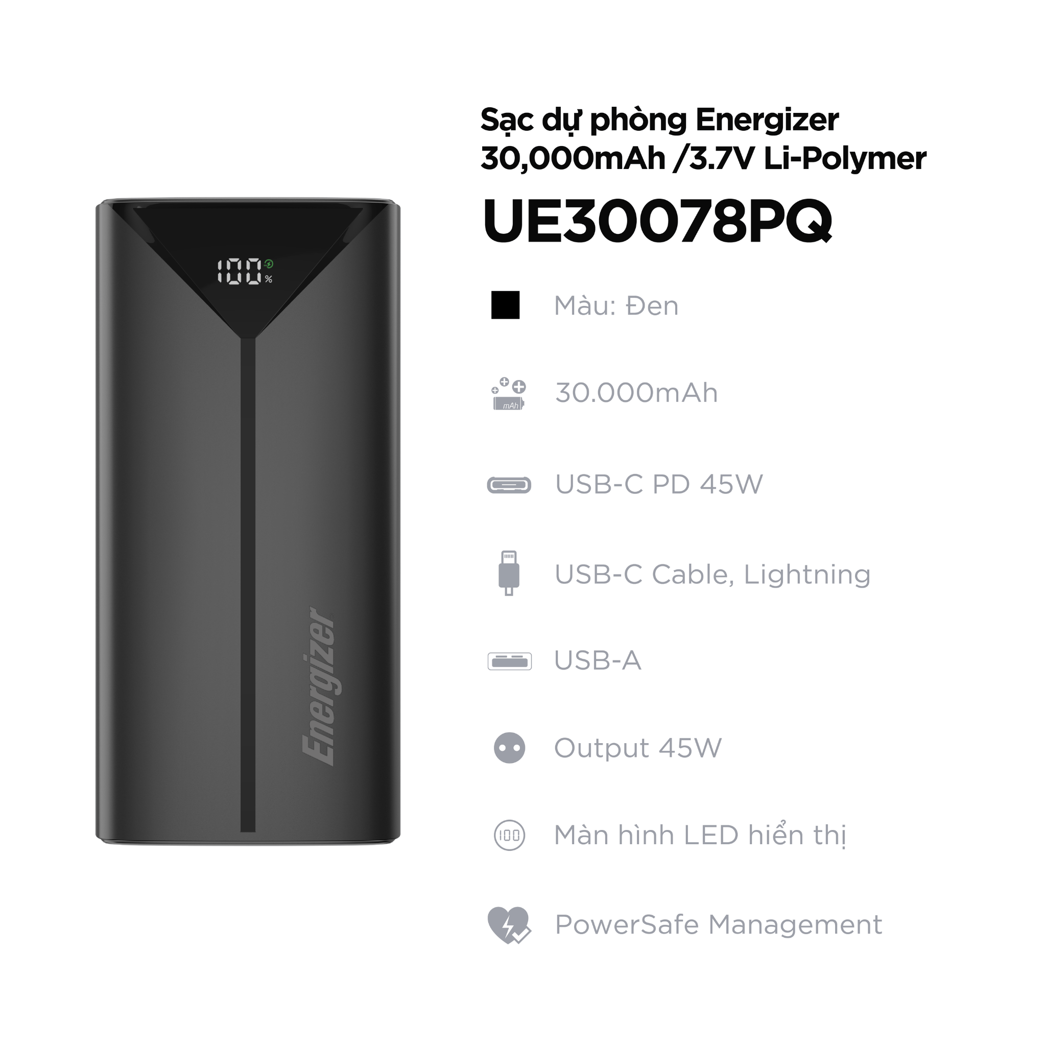 Sạc dự phòng Energizer 30,000mAh 45W, dây USB - A, type C, cổng L sạc 7 thiết bị - Hàng chính hãng