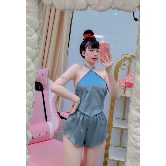 Đồ Ngủ Nữ, Đồ Ngủ Sexy Lụa 2 Dây yếm phối ren, Freesize 40_58kg, tuỳ chiều cao