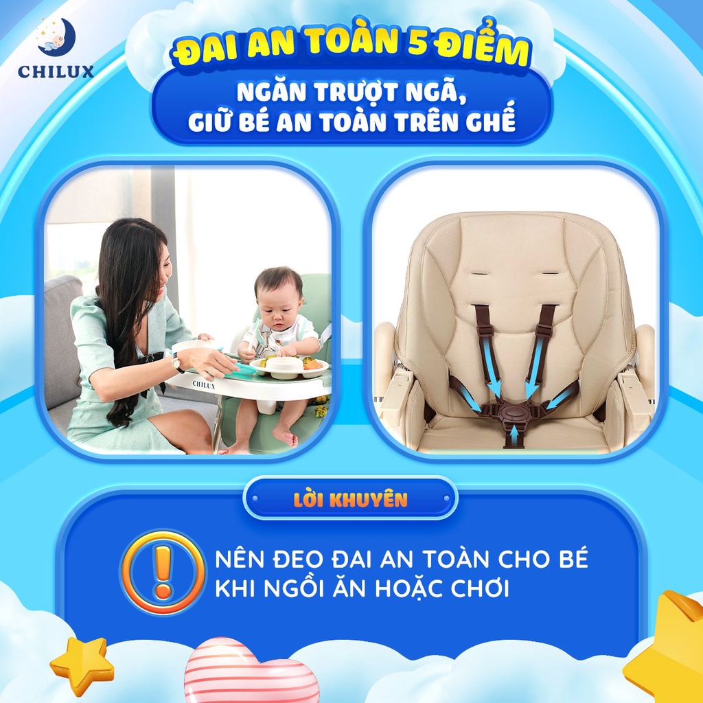 Ghế ăn dặm cho bé Chilux - Có thể gấp gọn - Bàn ăn rộng, Nhiều nấc điều chỉnh độ cao ghế