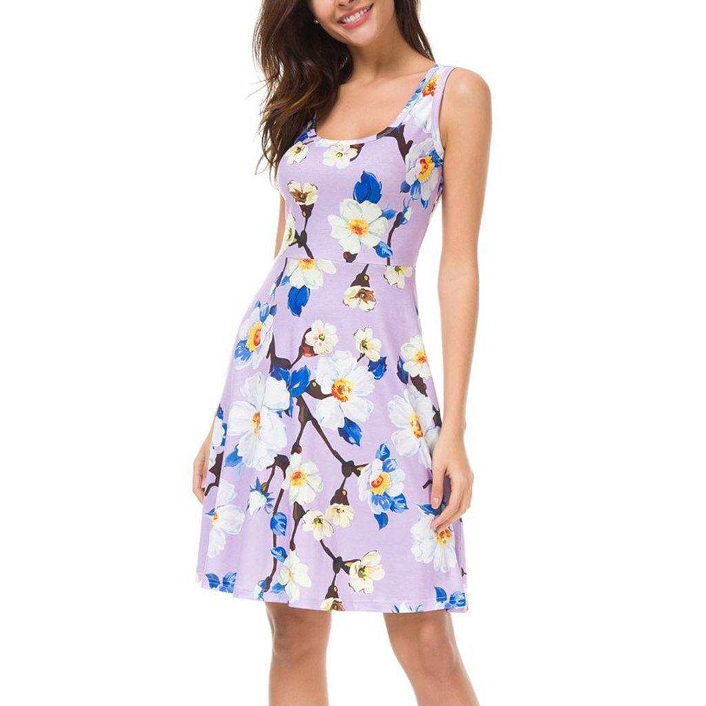 Women Floral Dress Summer Sleeveless Round Neck Casual Flared Midi Dress