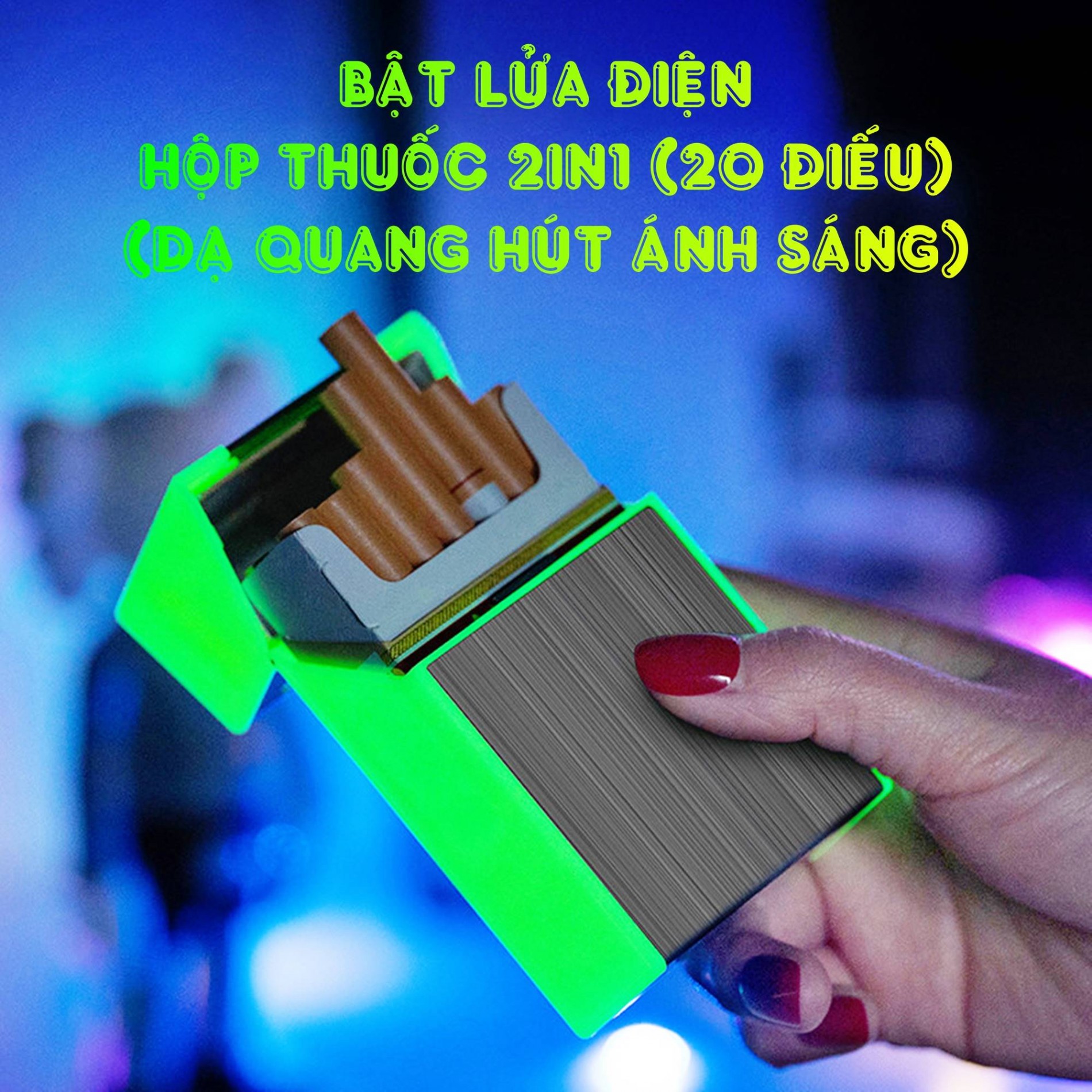 Hột quẹt bật lửa điện hộp thuốc 2in1 dạ quang hút ánh sáng (để được 20 điếu thuốc) - (sạc điện)