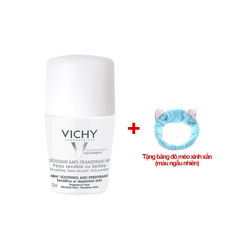 Lăn Khử Mùi Khô Thoáng Vùng Da Dưới Cánh Tay Vichy 50Ml Tặng Băng Đô Mèo Xinh Xắn - Trắng - Da Nhạy Cảm - 48H