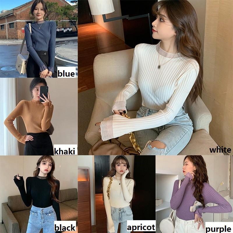 Áo dệt kim màu trơn cổ tròn phối ren kiểu tay dài trẻ trung xinh xắn