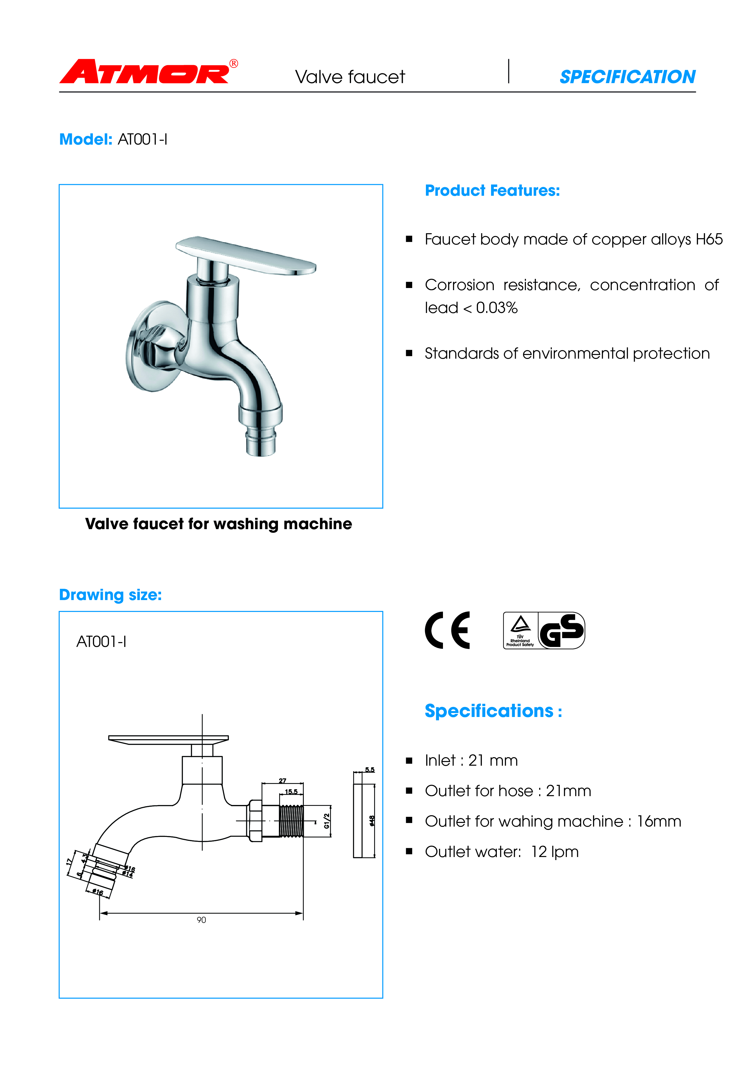 Vòi xả máy giặt ATMOR AT001-I (HÀNG CHÍNH HÃNG)