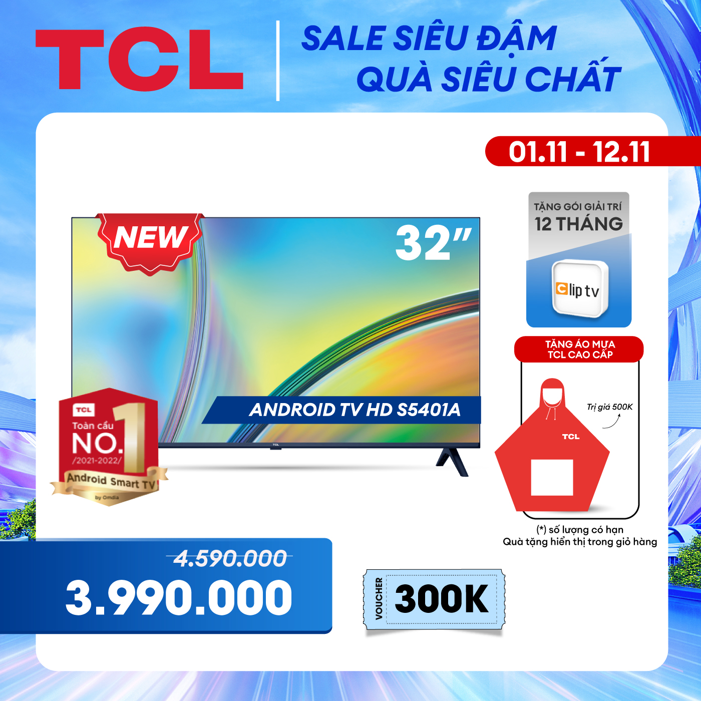 Android TV HD TCL 32inch - 32S5401A - Smart TV - Hàng chính hãng - Bảo hành 2 năm - FBT