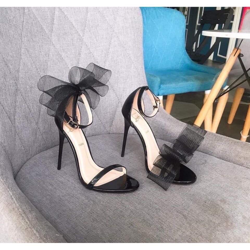 Giày cao gót nhọn 9cm quay nơ lưới đen