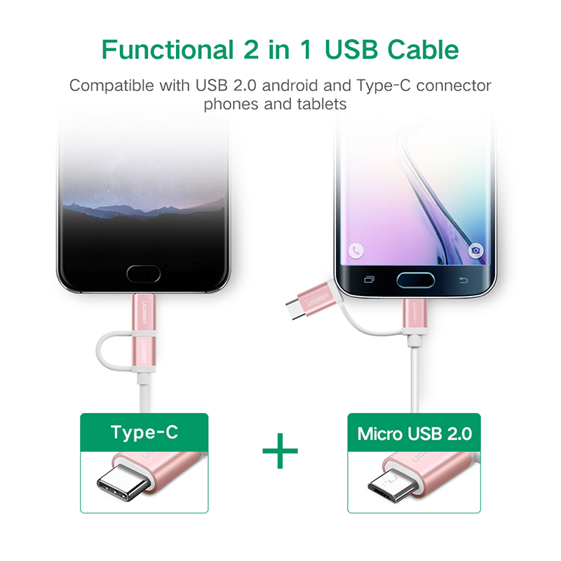 Cáp Sạc Điện Thoại 2 Trong 1 Micro USB và Type C Ugreen 30541 dài 0,25M - Hàng Chính Hãng