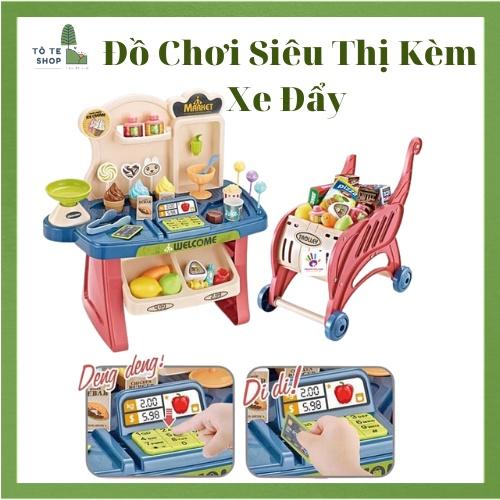 Đồ chơi siêu thị kèm xe đẩy , đồ chơi bán hàng có xe đẩy, quầy thanh toán có chức năng quẹt thẻ âm than và đèn như thật