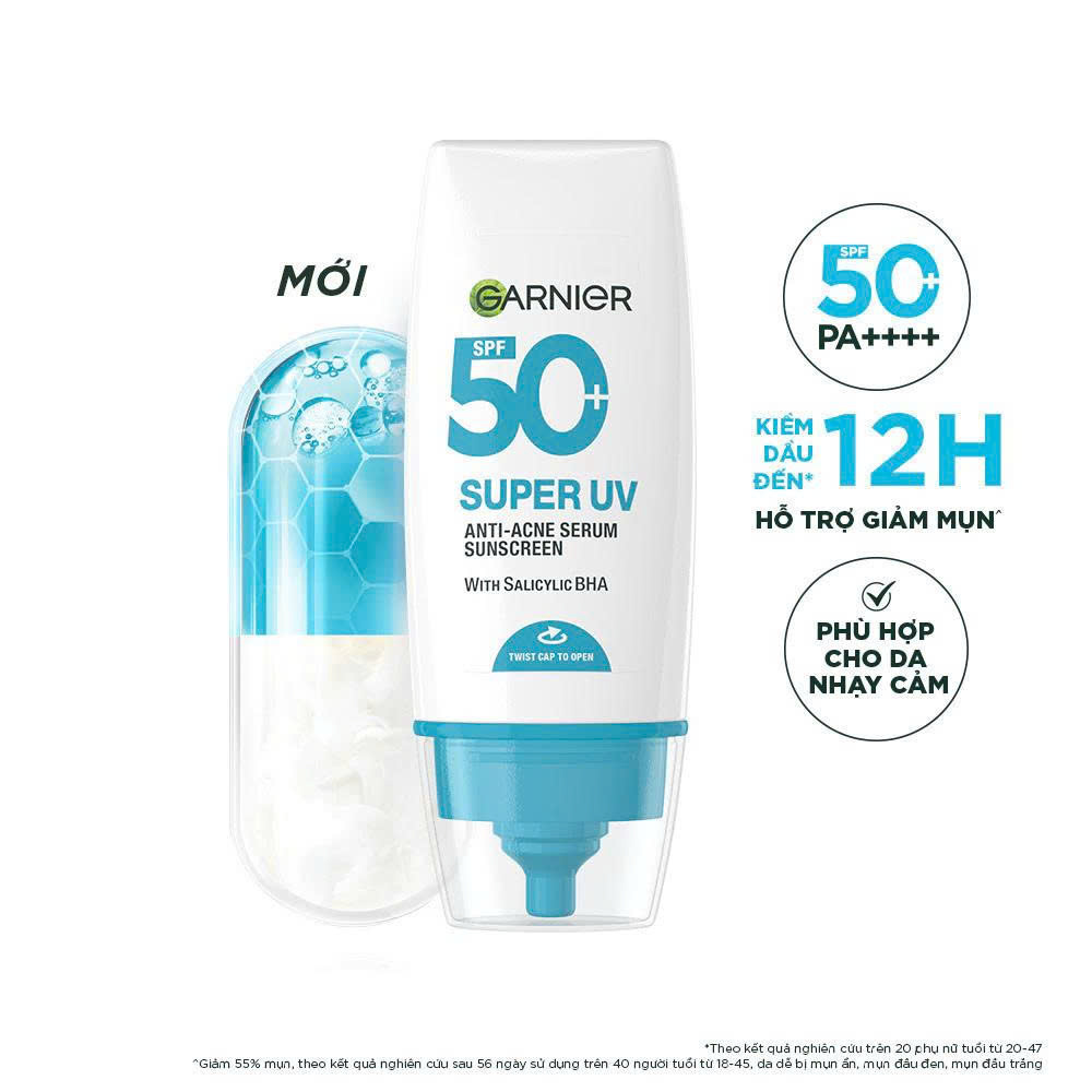 Kem Chống Nắng Garnier Phổ Rộng Kiềm Dầu Đến 12H &amp; Hỗ Trợ Giảm Mụn Spf 50+PA++++ 30ML