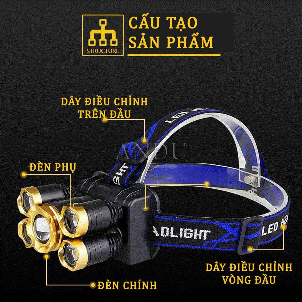 Đèn Pin Đội Đầu Đeo Trán 5 Bóng T6, Đèn Siêu Sáng Kèm Pin Sạc gọn gàng thuận tiện cho việc di chuyển