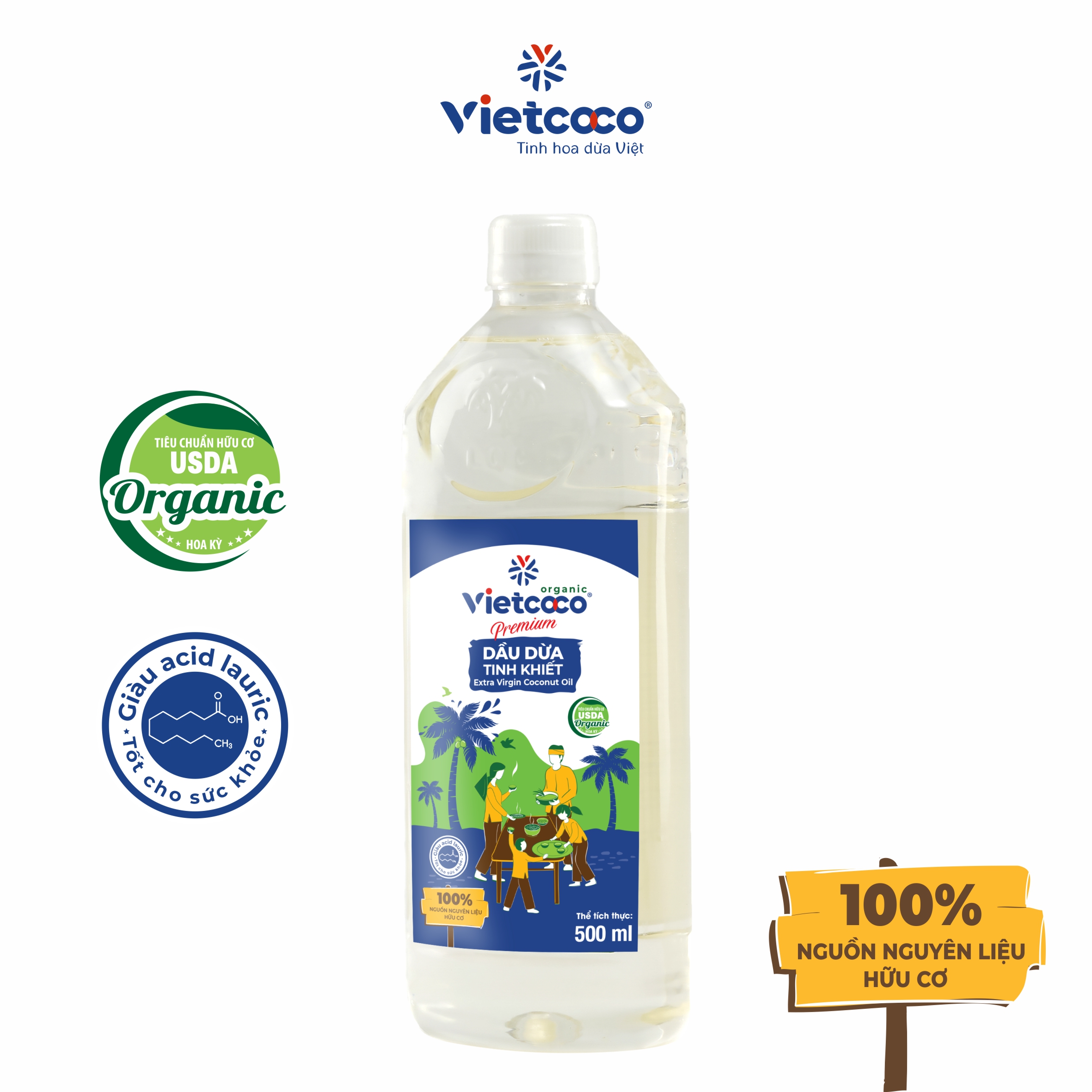 DẦU DỪA TINH KHIẾT ORGANIC VIETCOCO, PET 500ML