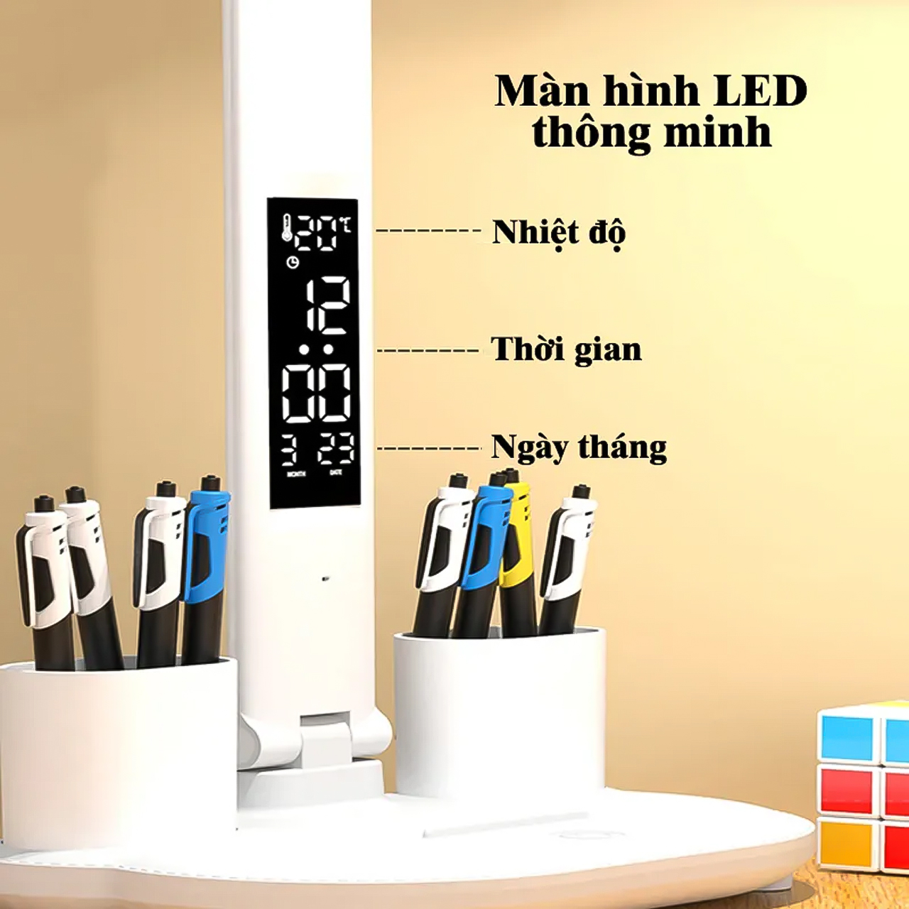 Đèn bàn học led đọc sách, làm việc, đèn học chống cận, 2 trục đèn chiếu sáng, đèn học để bàn có màn hình hiển thị LCD nhiều thông tin, 3 chế độ ánh sáng giúp bảo vệ mắt, xoay 180 độ, có thể gấp gọn - hàng chính hãng