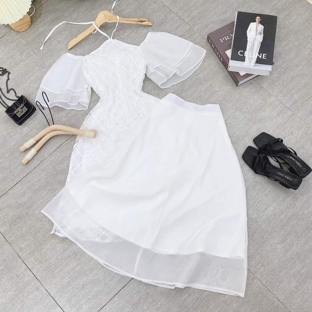 Set bộ áo dài trắng ren hoa rớt vai tay voan tiên chân váy voan đi chùa chơi tết