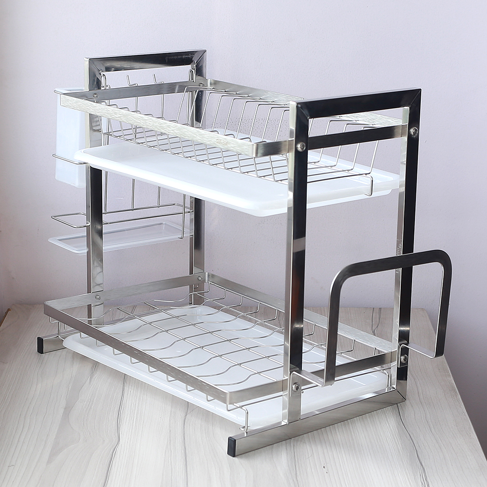 Kệ chén đa năng 2 tầng inox 304 Hobby Home Decor KC2T kèm khay hứng nước, ống đũa, giá treo thớt không rỉ sét