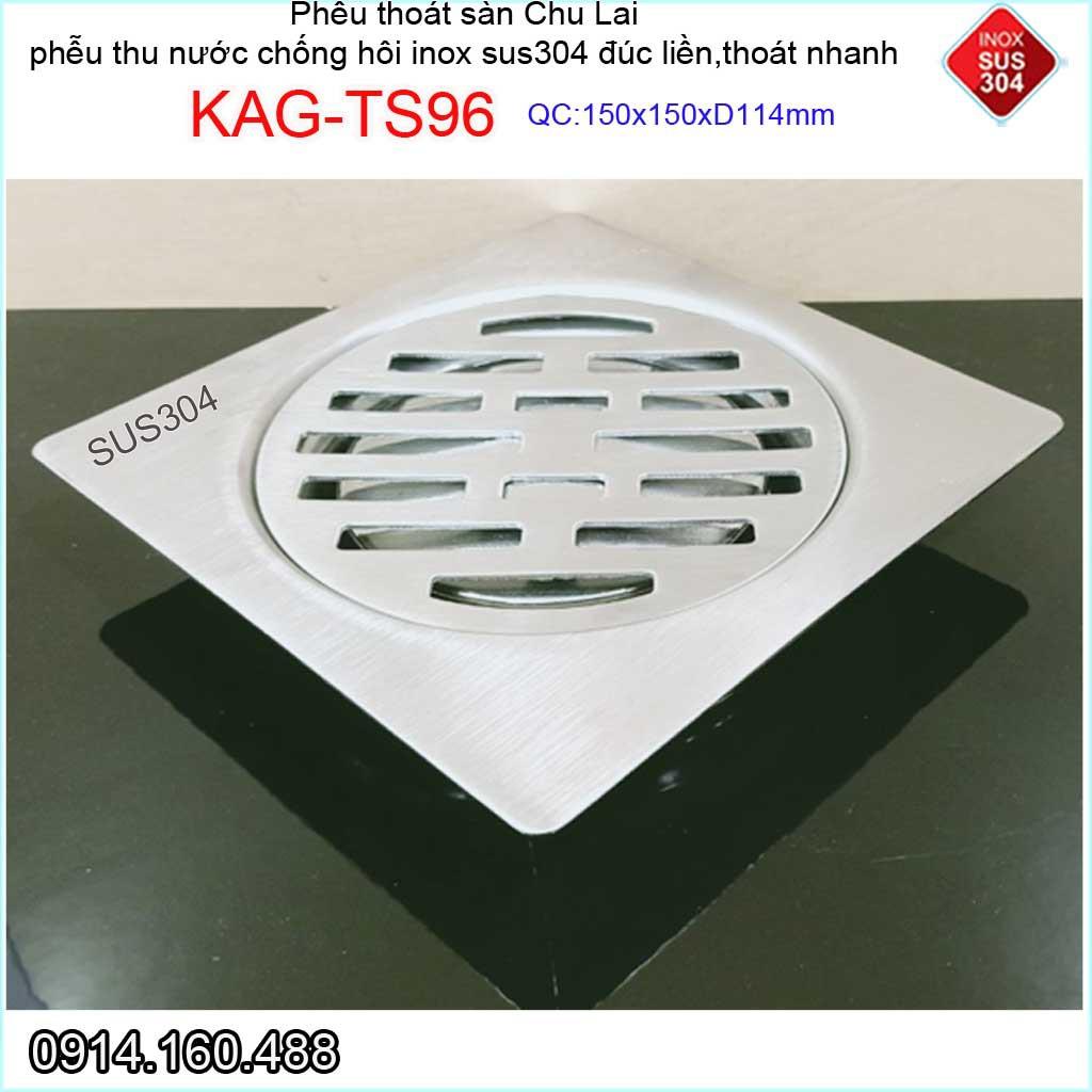 Phễu thoát nước chống hôi 15x15cm KAG-TS96-D114, Thoát sàn Chu Lai ống 11.4cm SUS304 inox đúc dày thoát nhanh chặn tóc t