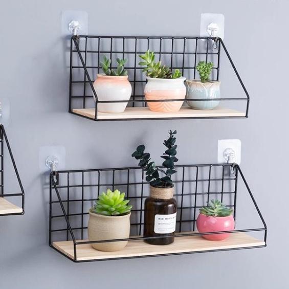 Kệ Treo Tường, Giá Sắt Đáy Gỗ Trang Trí Đựng Đồ Đa Năng - Tặng Kèm Đinh 4 Chân