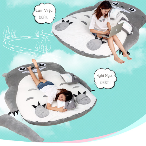 Giường Lười Totoro Thêu Hình Thú Siêu Cute Hàng Xịn Chuẩn Bông Êm Ái Vải Cotton Dày Dặn Chống Xù