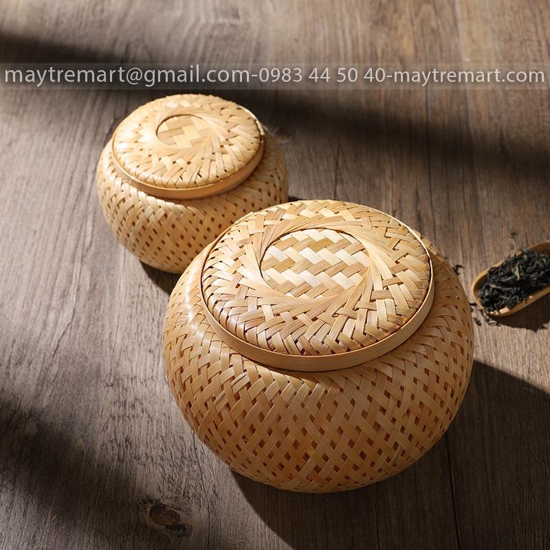 Hộp tre tròn 2 lớp - để kim chỉ, dây cột tóc, thỏi son, đựng quà tặng.